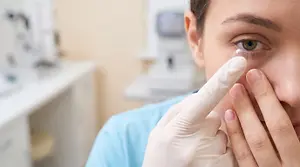 Close up of woman wearing blue scrubs with one hand on her eye and another hand holding a contact lens.