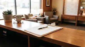 An office setting with a wooden desk, a clipboard, and a potted plant, creating a professional and organized atmosphere.