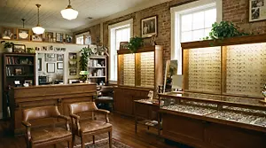 A brick wall, wooden furniture, and a display of eyeglasses in a room.
