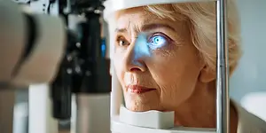 An elderly woman is looking through a medical ophthalmoscope in a room