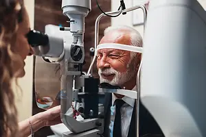 A senior man having his eyes examined by a woman in an optometrist's office