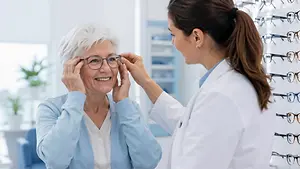 An older woman is having her glasses adjusted by an optician in an optical store.