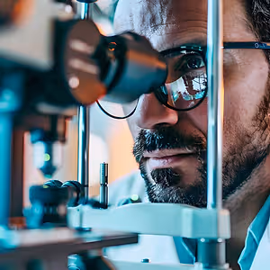 A man wearing glasses is looking through a microscope, possibly in a lab.