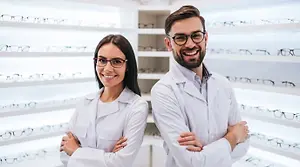 A man and a woman, both wearing white lab coats and glasses, are standing next to each other in an optician's shop.