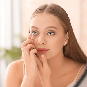 A woman is putting a contact lens in her eye while looking in a mirror