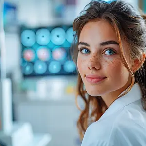 Closeup of a smiling woman with brown hair, freckles, and a blue lab coat in a laboratory setting