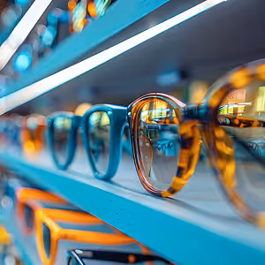 A display of colorful sunglasses on a shelf, some with reflective lenses.