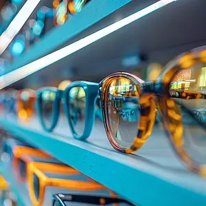 A display of colorful sunglasses on a shelf, some with reflective lenses.