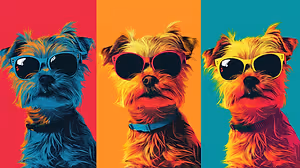 Three dogs wearing sunglasses in different colors