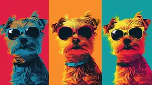 Three dogs wearing sunglasses in different colors
