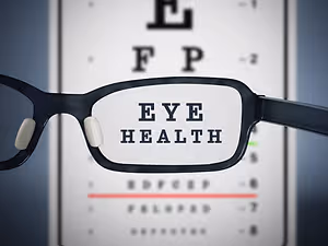 An image of eyeglasses with the words 'Eye Health' on the lenses against a blurred eye chart in the background.