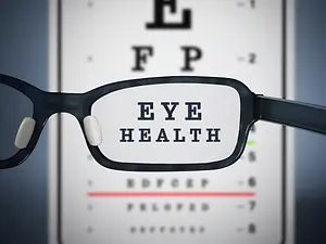 An image of eyeglasses with the words 'Eye Health' on the lenses against a blurred eye chart in the background.