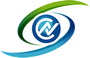 A blue and green eye logo with a white circle in the center and a green wave on the side