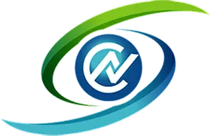 A blue and green eye logo with a white circle in the center and a green wave on the side