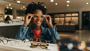 A young girl is standing in a shop, smiling, and holding a pair of glasses in front of her face. She is wearing a denim jacket and a red shirt. In front of her, there is a table with various glasses on display. Behind her, there is a blurry image of a woman sitting and a glass wall with several items on display. The ceiling is lit with multiple lights, and there is a reflection of the lights on the ceiling.