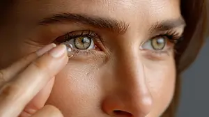A woman is adjusting a contact lens in her eye, wearing a ring on her finger, and looking forward, possibly posing for a photograph.
