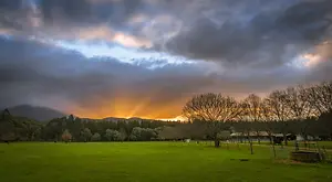 A large green field with trees and a cloudy sky in the background. The sun's rays are shining on the trees, and the sky is dark. The field has a fence with a water tank and a house on the right side. There are mountains in the distance, and the sky is cloudy.
