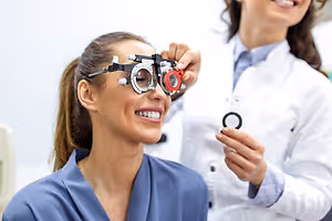 A smiling woman wearing eye glasses is getting an eye exam from a female doctor in a medical office