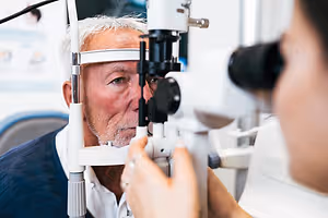 An old man wearing a ring is looking into an ophthalmoscope being held by a woman.