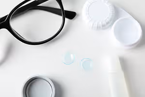 A pair of glasses, a lens case with a lens, and a bottle of lens solution are placed on a white surface.