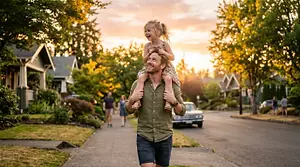 A man is carrying a little girl on his shoulder on a residential street at sunset