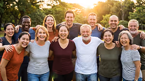 Group of people smiling in a park with trees in the background