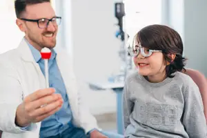 A smiling man in a white lab coat examines a child's eyes with a device, while the child looks at him and smiles, seated in an office chair.
