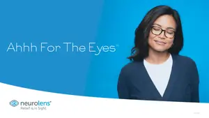 A smiling woman with glasses looking at the camera, standing in front of a blue background with text 'Ahhh For The Eyes' and a logo for 'Neurolens'.