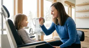 An optometrist is using a penlight to test a child's eye sight.