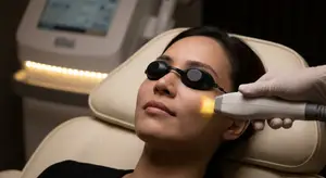 A woman is sitting on a chair, wearing black goggles, and receiving a facial treatment with a laser device.