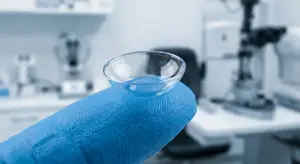 A contact lens held by a finger is shown in a medical setting