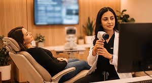 A woman sits in a dentist's chair while another woman holds a scanning device over her face.