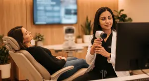 A woman sits in a dentist's chair while another woman holds a scanning device over her face.