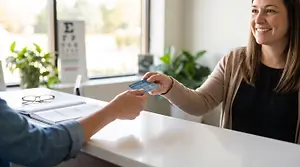 A woman smiling as she hands a credit card to a man at a counter in an office