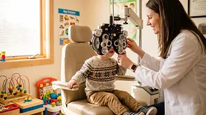 A young child looking through a phoropter instrument during a pediatric eye exam in a warm, friendly clinic