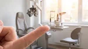 Close-up of a contact lens balanced on a fingertip in a modern optometry clinic, soft bokeh background of clean medical setting