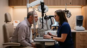 Adult male patient in an eye exam chair while a female doctor adjusts a slit lamp biomicroscope