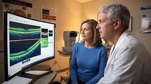 Male doctor reviewing OCT retinal imaging results on a large monitor with a female patient seated nearby