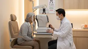 Senior patient having intraocular eye pressure measured with a tonometer in a medical eye care clinic