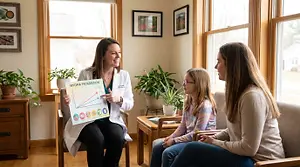 Female eye doctor explaining myopia progression chart to a child and parent in a warm, friendly clinic setting
