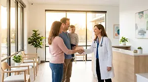 Female doctor in white coat warmly greeting a family in a bright medical eye care reception area