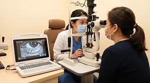 Female doctor performing a dry eye evaluation with a slit lamp, meibography imaging device visible in clinical setting