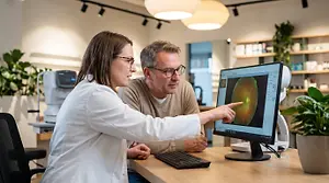 Middle-aged man and female optometrist reviewing eye health results on a computer monitor, doctor pointing at retinal scan image