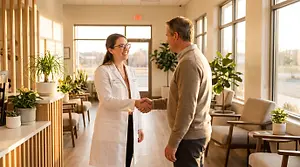 Female optometrist in a white coat shaking hands with a patient in a clinic reception area, welcoming and professional