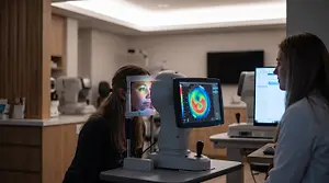 A patient having a corneal topography scan in a modern optometry clinic with colorful map displayed on screen