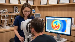 An optometrist using a digital corneal topographer device to examine a patient's cornea, colorful topography map on monitor