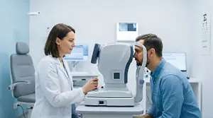 An optometrist measuring corneal curvature with a keratometry device in a modern eye clinic