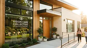 A storefront exterior of Vision Care Collective with two women walking up to the entrance