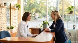 A woman in a white lab coat is sitting at a reception desk, speaking with another woman in a blue blazer, surrounded by plants and eyeglasses.