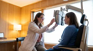 An eye doctor is examining a patient's eyes with a medical device.